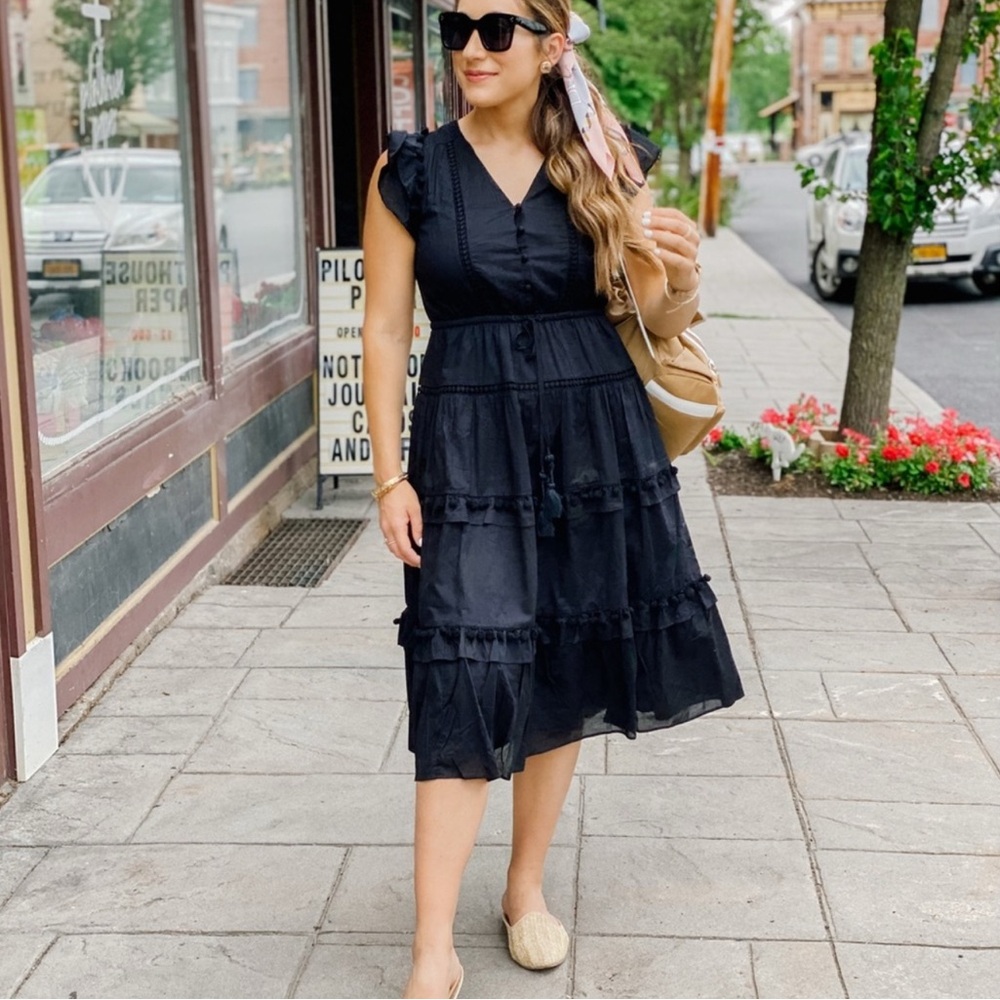J Crew Pom Pom Black Dress in Cotton Voile Tiered Midi Maxi size 8